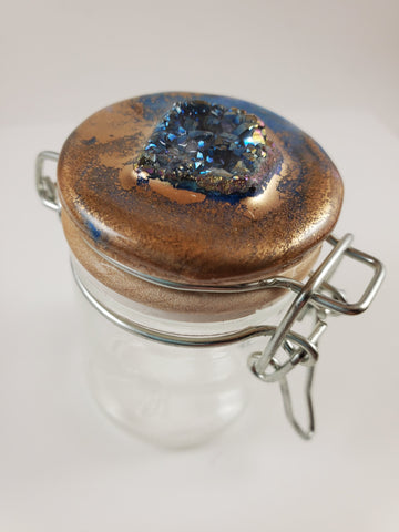 Blue druzy in gold clasp jar