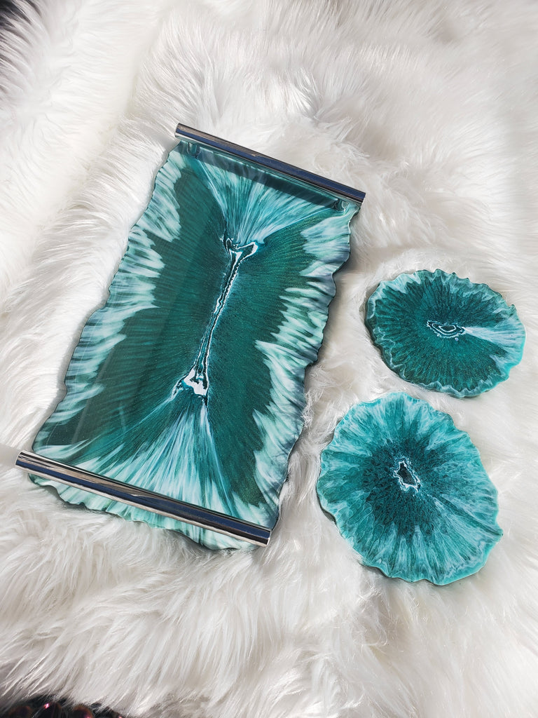 Green Serving Tray with Coasters